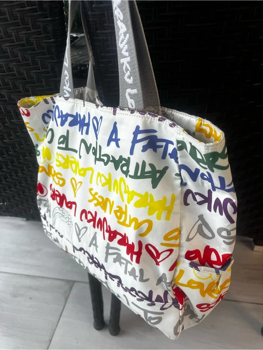 Harajuku Lovers White Multicolor Graffiti Tote with Gray Straps and Yellow Charm
